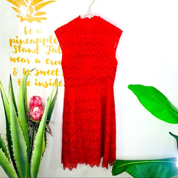 Mikael Aghal Dresses & Skirts - MIKAEL AGHAL Red Lace Sleeveless Midi Dress Size 2